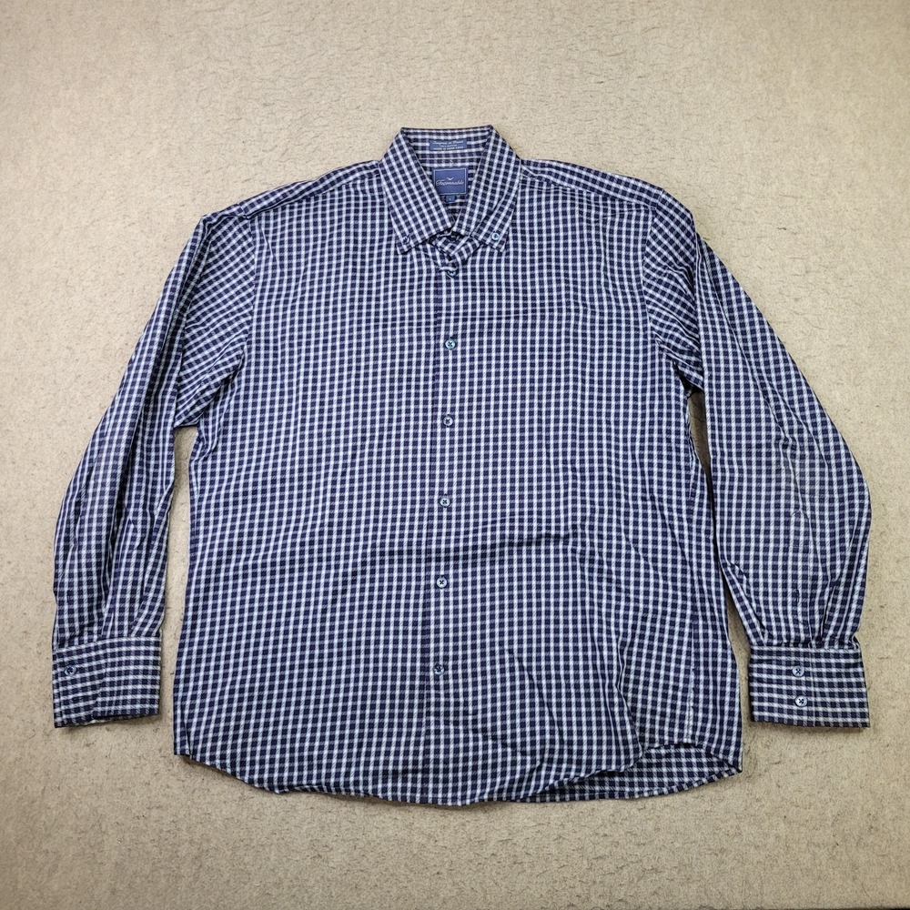 Faconnable Mens‎ Dress Shirt Mens L Blue Plaid Long Sleeve Button Down Preppy